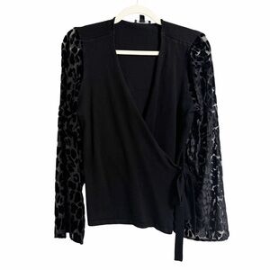 International Concepts Black Wrap Top Sheer Velvet Leopard Sleeve Blouse Size L